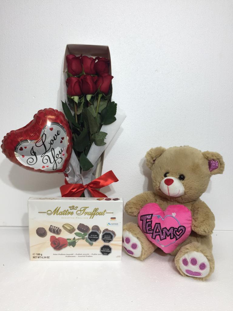 Caja con 6 Rosas ms Bombones de 165 Grs, Peluche con corazn 30cm y Globito